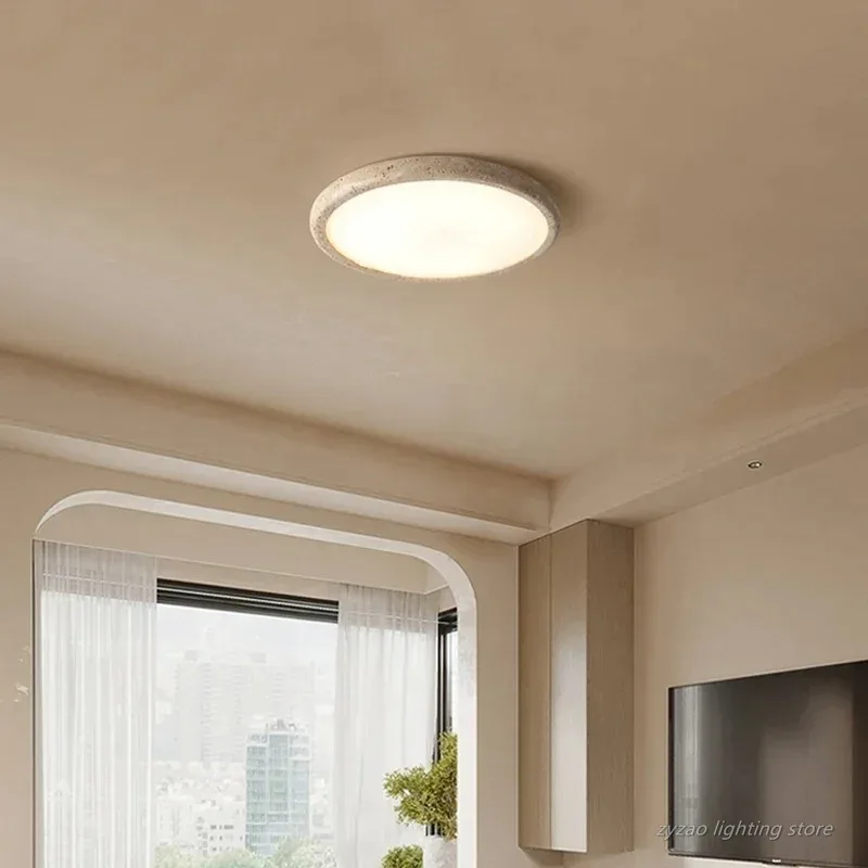 Wabi Sabi Style Circular Yelllow Stone Ceiling Lamp LED Travertine Ceiling-Mounted Luminaire Bedroom Corridor Light Fixture