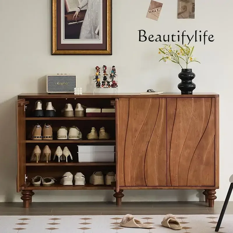 

ZL Medieval Solid Wood Dining Side Cabinet, Living Room Shoe Cabinet, Wall Decorative Locker, Walnut Veneer Door Cabinet