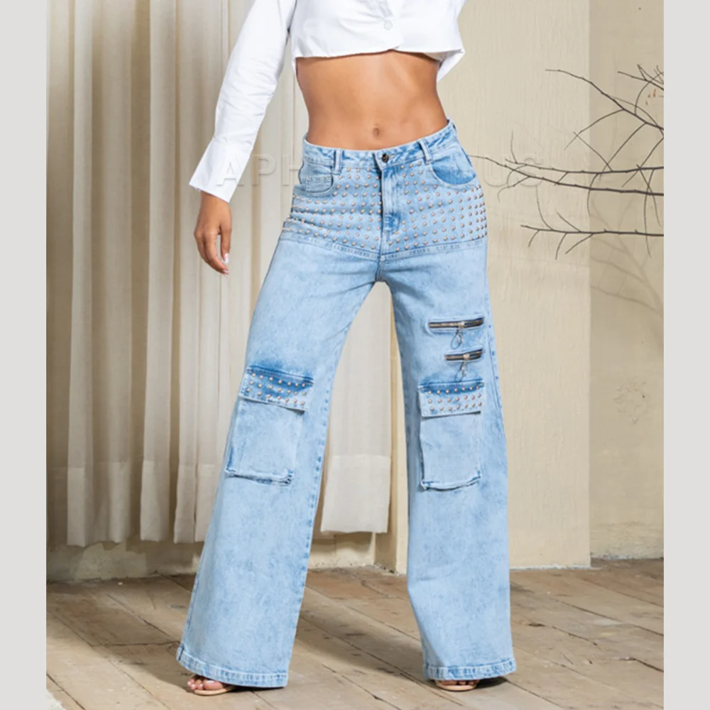 Fashion Straight Leg Cargo Pants High Waist Vintage Slim-fit Jeans Women Casual Long Jeans Denim Clothing Blue Pants 2024