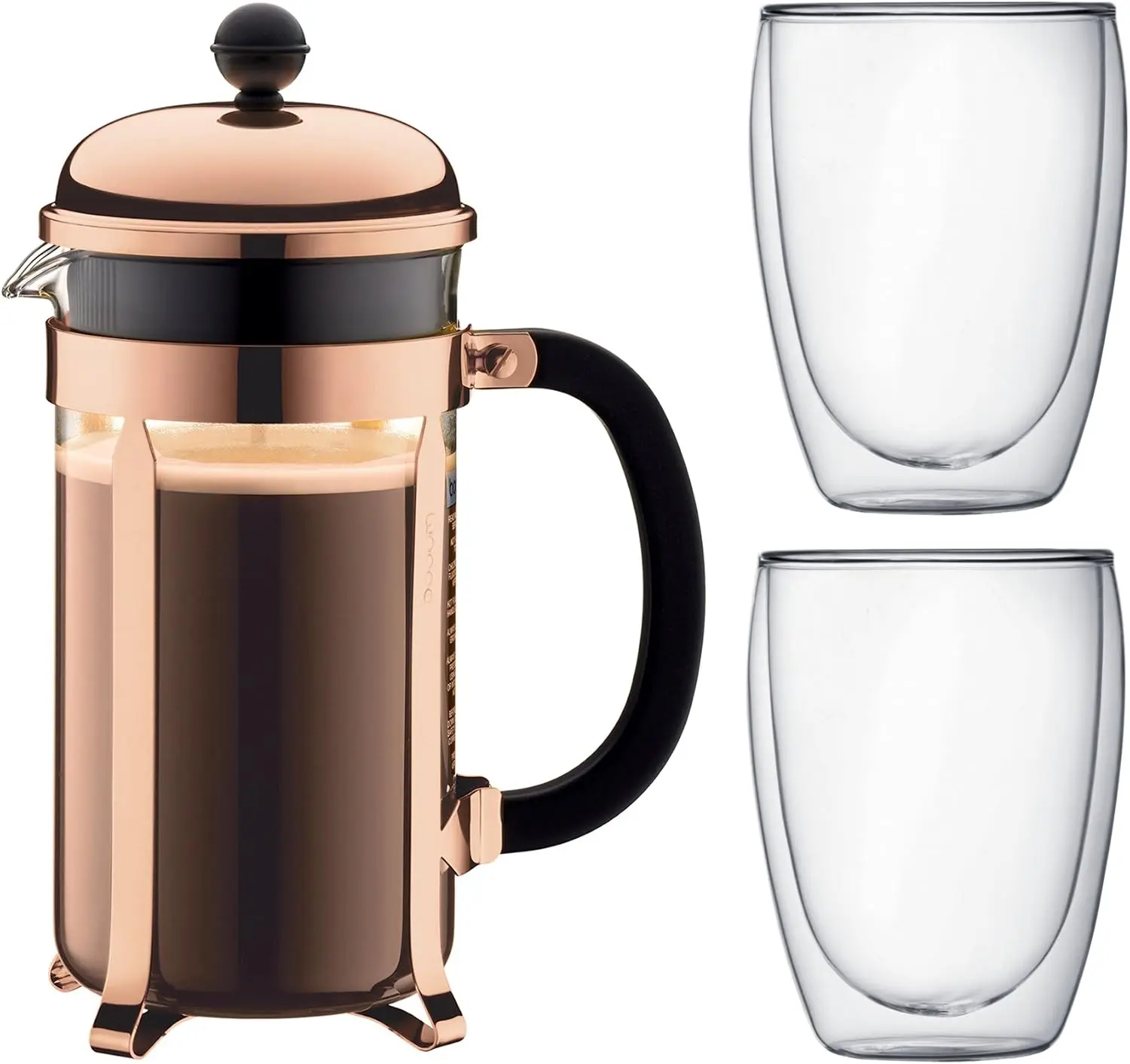 Chambord 8 Cup French Press Coffee Maker, Copper, 1.0 l, 34 oz, Pavina Glass Set, 2 Pieces