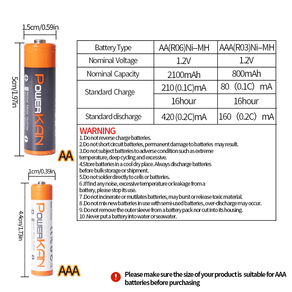 Powerkan Battery Compo Rechargeable NiMH Batteries AA 2100mAh AAA 800mAh High Capital for Household Famliy Usage Toy Remote Tool