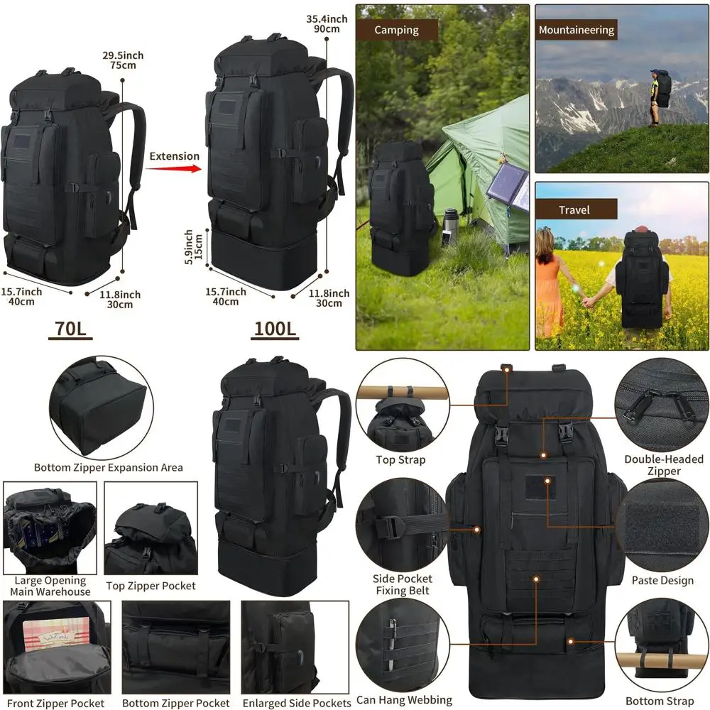 

Рюкзак военного стиля, 70 л, расширяемый, водонепроницаемый, с USB-портом, для походов и кемпинга