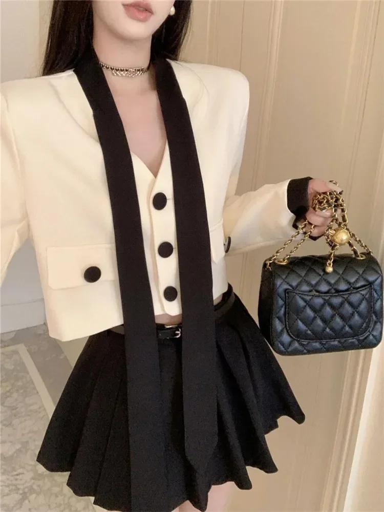 Women New Fall Two Piece V Neck White Short Bow Coat&High Waist pleated Black Skirt Sets Fashion Elegant 2 Piece Dress Suits