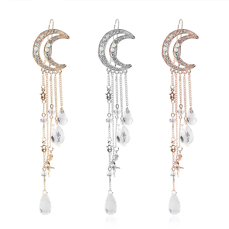 Halbmond- und Stern-Haarspange mit Quaste für Damen, Strass- und Kristallmond- und Stern-Seitenklammer im Girly-Stil – Detail 5