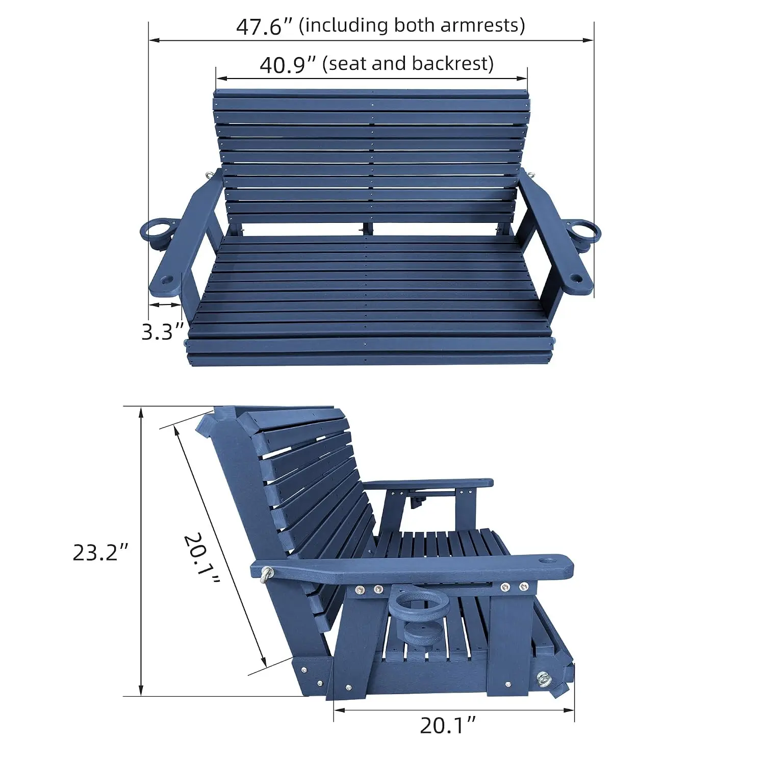 HDPE Porch Swing Ergonomic Weather-Resistant Heavy Duty 1200LBS Outdoor Patio Garden Stainless Steel Bolts, Customized