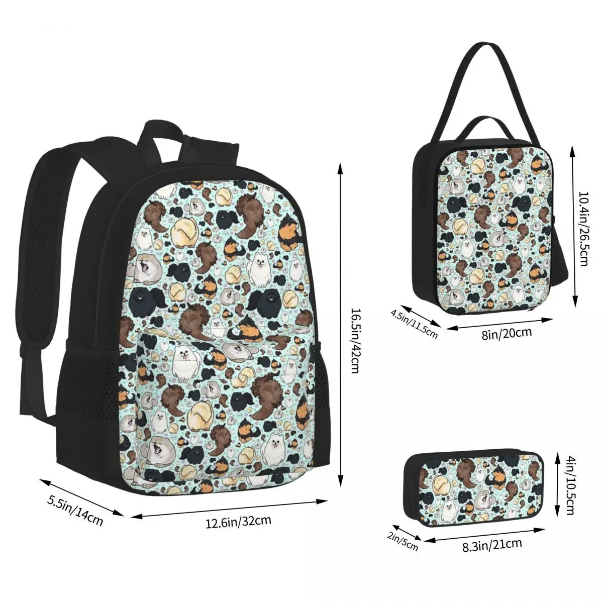 Pomeranians Backpacks Boys Girls Bookbag Children School Bags Cartoon Kids Rucksack Lunch Bag Pen Bag Three-Piece Set