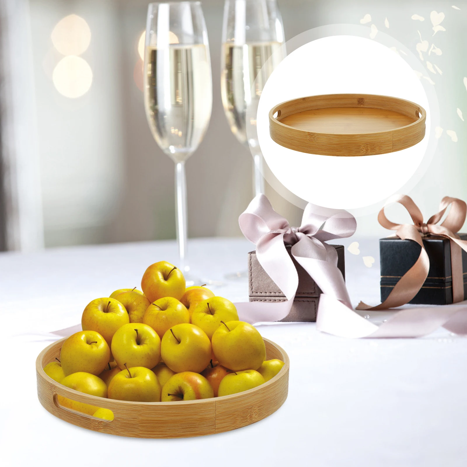 

Portable Tea Tray Party Restaurant Serving Decorate Round Bamboo Trays Food Server