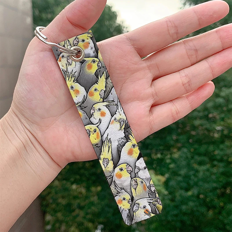 Parrot Cockatiels Galore leather motorcycle Keychain Strap Keyrings Hanging Holder Bag Wallet Trinket Keychain Hanging Bag