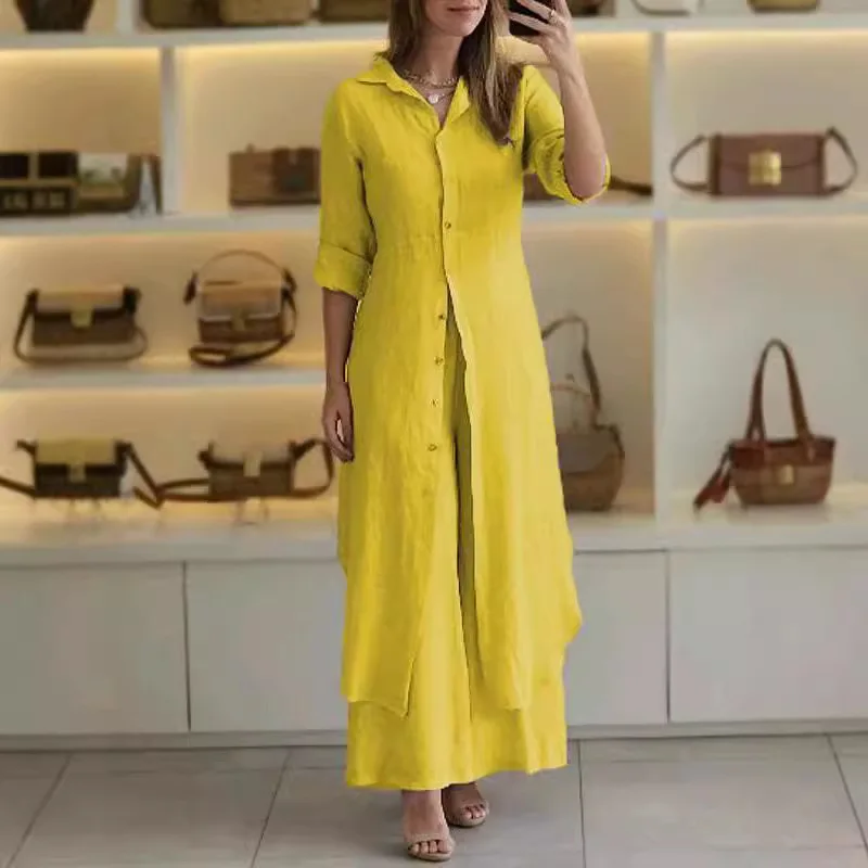 春夏 レディース シャツ ロングパンツスーツ エレガント カジュアル スリム ウエスト ロングシャツ 無地 ワイドレッグパンツ ツーピースセット