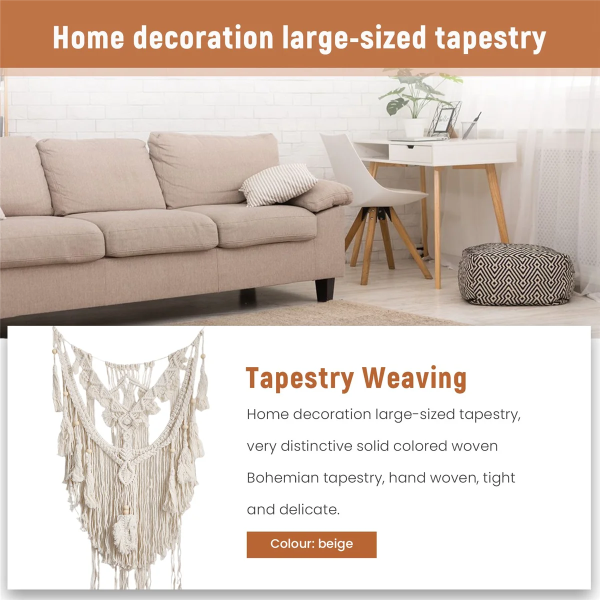 A53TT Nordic Bohemian Macrame Wall Hanging Tapestry Hand-Wovening Tassel Home Wall Decor Large Tapestry