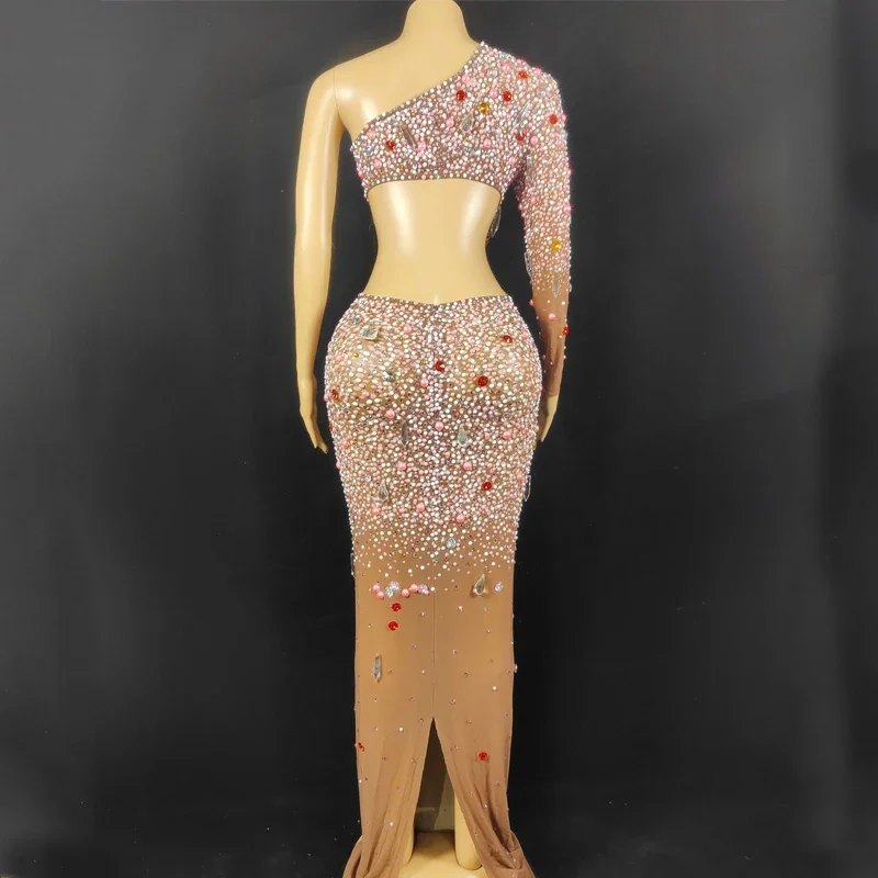 Bunte Strass Kreuz Cut Out Kleid Sexy Stretch Perlen Abendkleid Frauen Geburtstag Party Sänger Kostüme Outfit XS6143