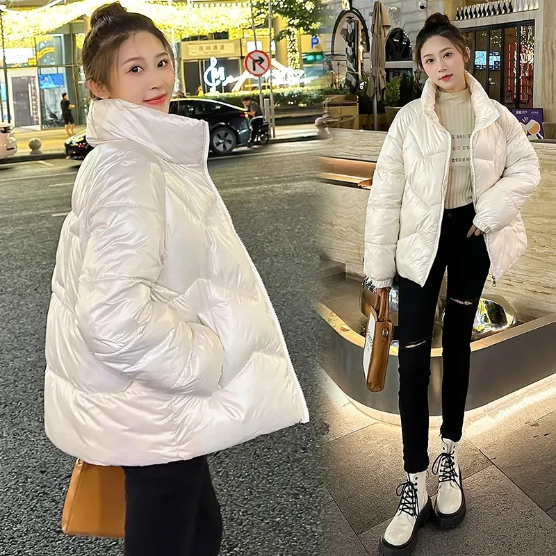 Women 2023 New Winter Color Loose Padded Jacket Bright Face Detachable Sleeves Hooded Stand-up Collar Down Bread Padded Jacket