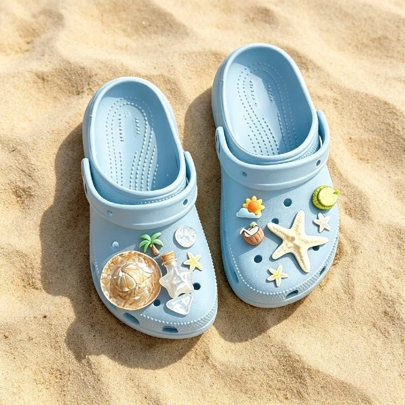 Straw hat vacation style Starfish Shell Shoe Charms Accessories for Clogs Slide Sandals Shoe Decoration Buckle Boys Girls Gifts