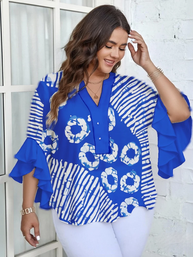 

2026 PLUS SIZE Women's Blouse Vintage Ruffled Flare Sleeve Stitching 3D Printed V-neck Blusas Oversized Summer Female Clothings
