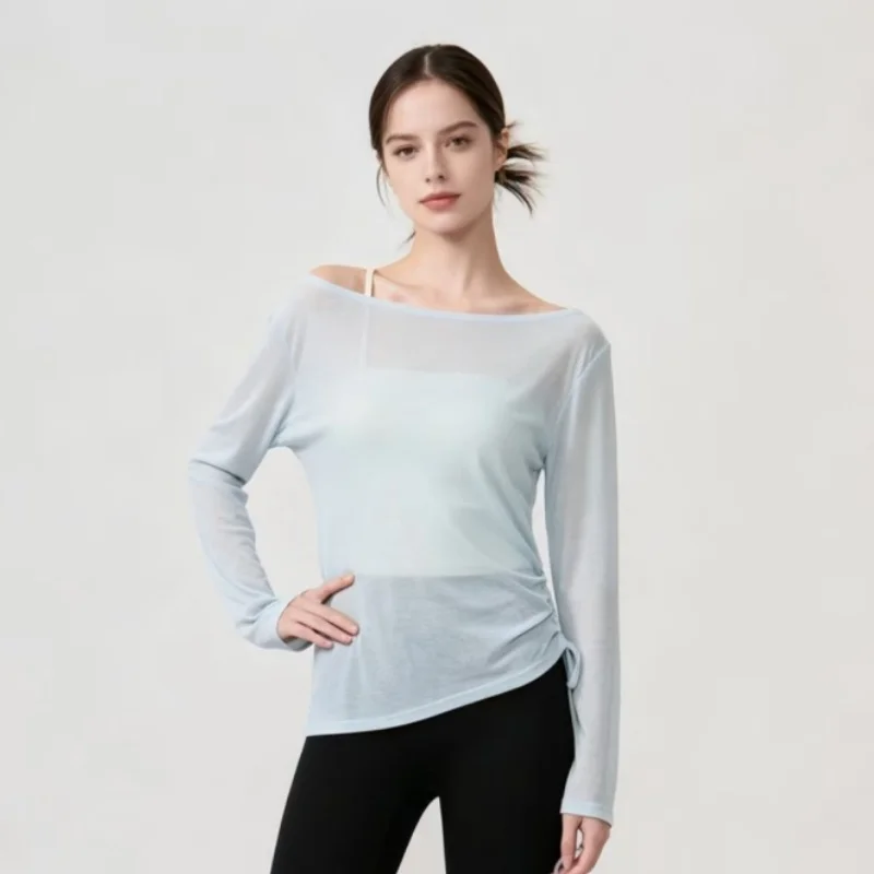 Women Off‑Shoulder Long Sleeve Yoga Cover‑Up Lightweight Loose Fit Side Drawstring Asymmetrical Hem Casual Sports Top for Gym