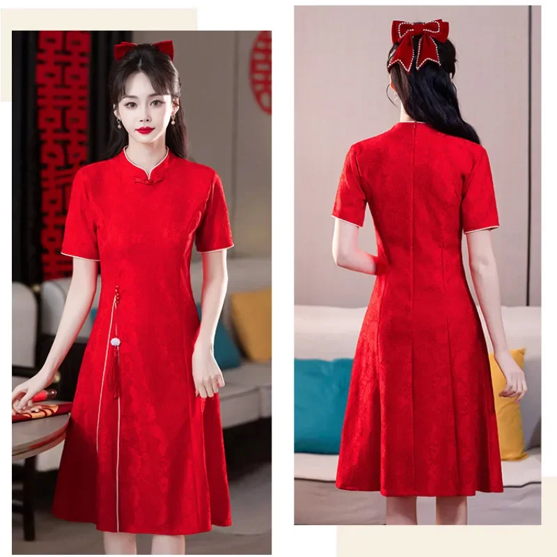 Short Sleeve Red Cheongsam Chinese Qipao Dress Women's Clothing Modern Improved red evening dresses Plus Size