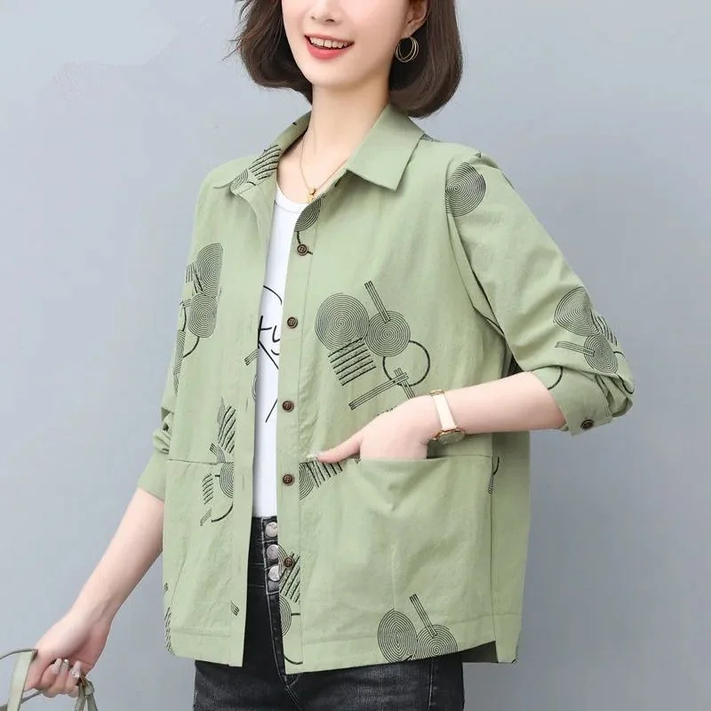 

Women's Spring Autumn Print Mom's Loose Belly-Covering Top Versatile Shirt Thin Style