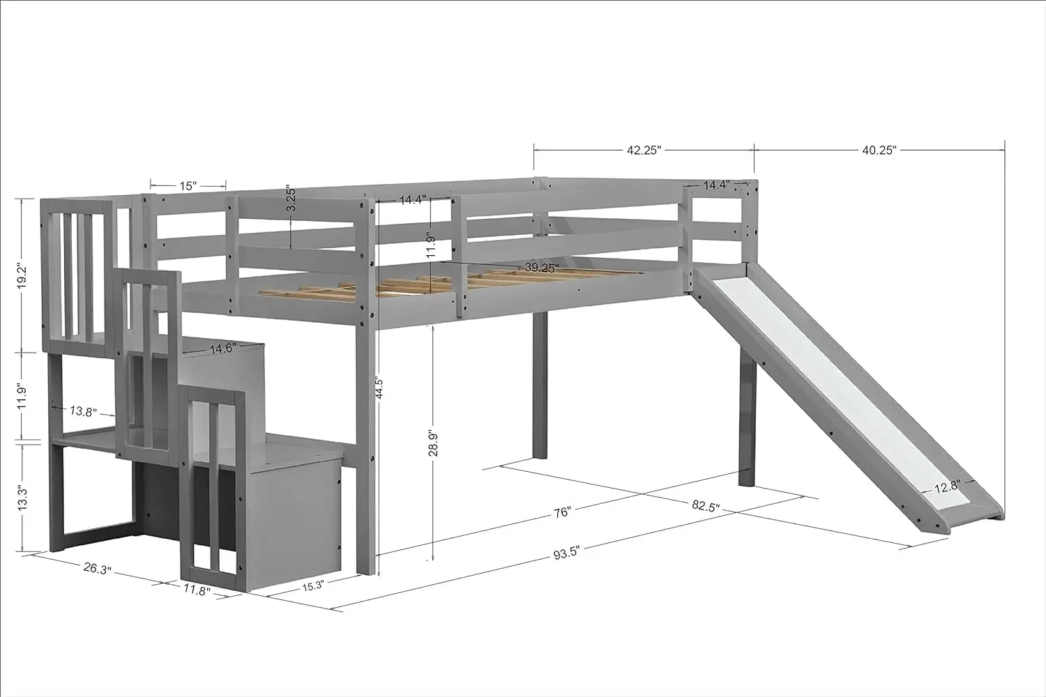 Low Loft Bed For Kids,Twin Size Loft Bed With Slide And Storage Staircase,Wood Loft Bed Frame For Boys Girls Teens(Gray)