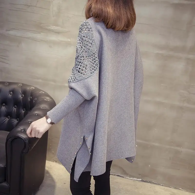 2023 Autumn And Winter New Loose Sweater Coat Women\'s Half-high Collar Pullover Wrap Swing Beading