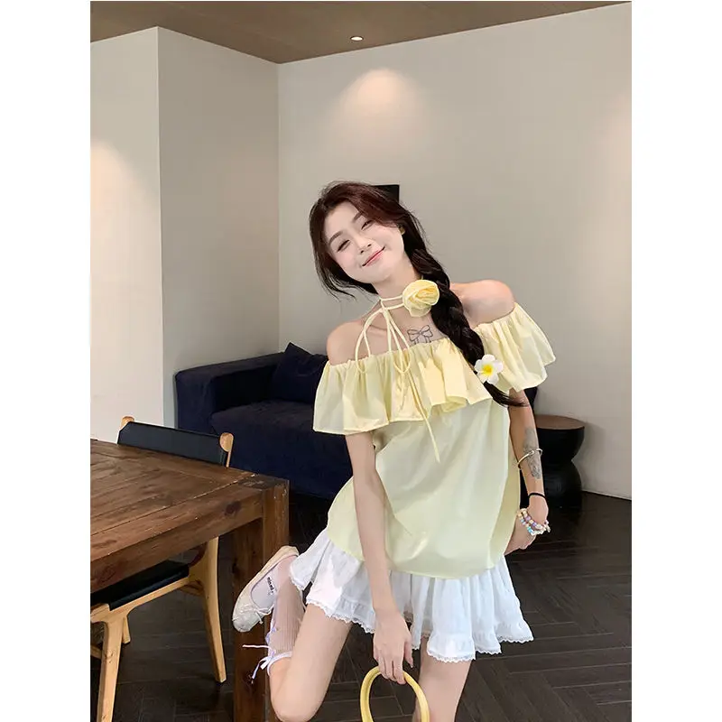 2025 Summer Women Shirt One Shoulder Short Sleeved  Design Sense, Ruffled Edge Off Shoulder Top for Outerwear