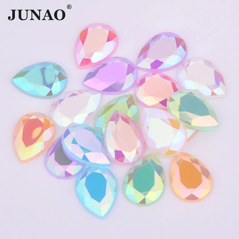 JUNAO 10*14 مللي متر 13*18 مللي متر أوبال AB اللون دمعة كريستال حجر الراين فلاتباك أكريليك الأحجار الكريمة الغراء على الحجارة DIY بها بنفسك الحرف اليدوية