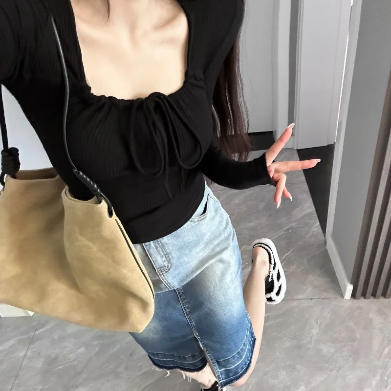 

Футболки женские нежные синие с длинным рукавом узкие с квадратным воротником весенние повязки внутренняя одежда топы Harajuku однотонные простые повседневные