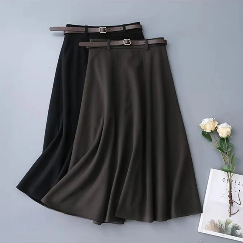 Vintage Belt Woolen Midi Skirt Women Black Pleated Skirts Fall Winter Ladies Korean Elegant High Waist All Match A Line Skirt