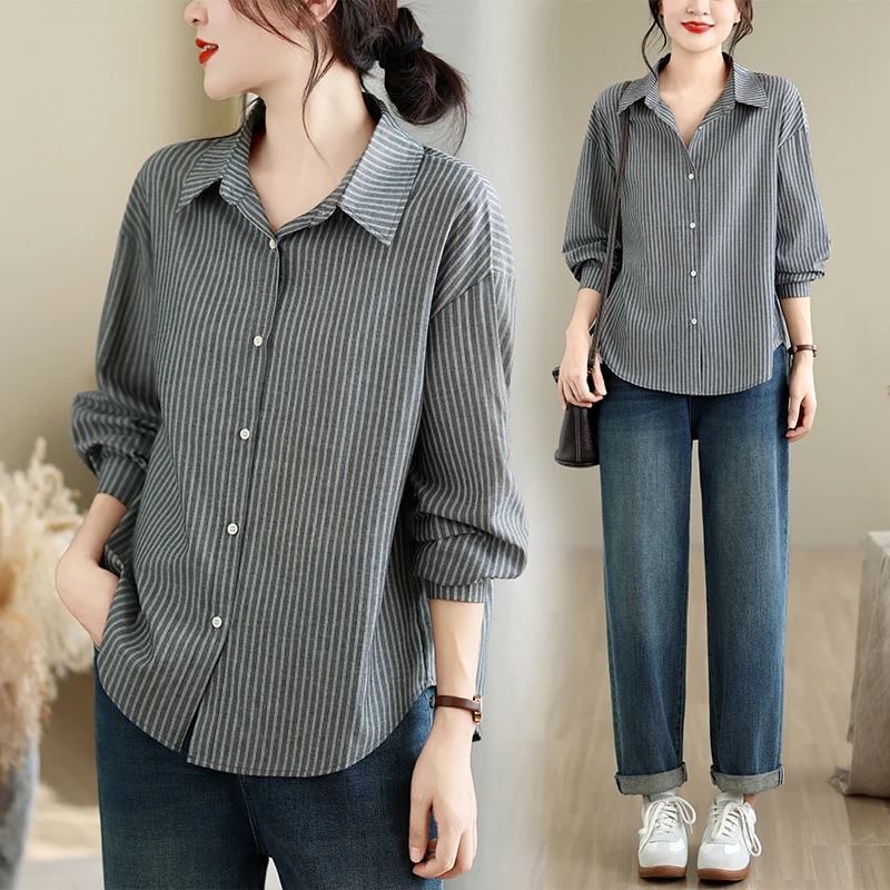 Women's Casual Long Sleeve Cotton Linen Striped Shirt Cardigan Loose Fit Turn-down Collar Single Button Spring Autumn Wear