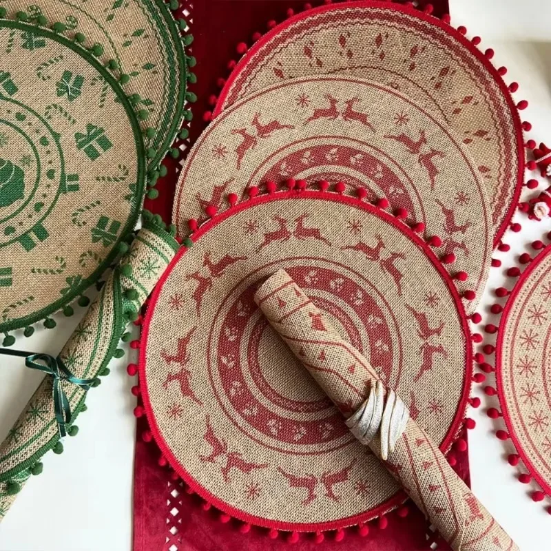 Christmas Series Jute Placemat Retro Circular Retro Decorative Mat Insulation Red Green Woven Placemat Kitchen Accessories