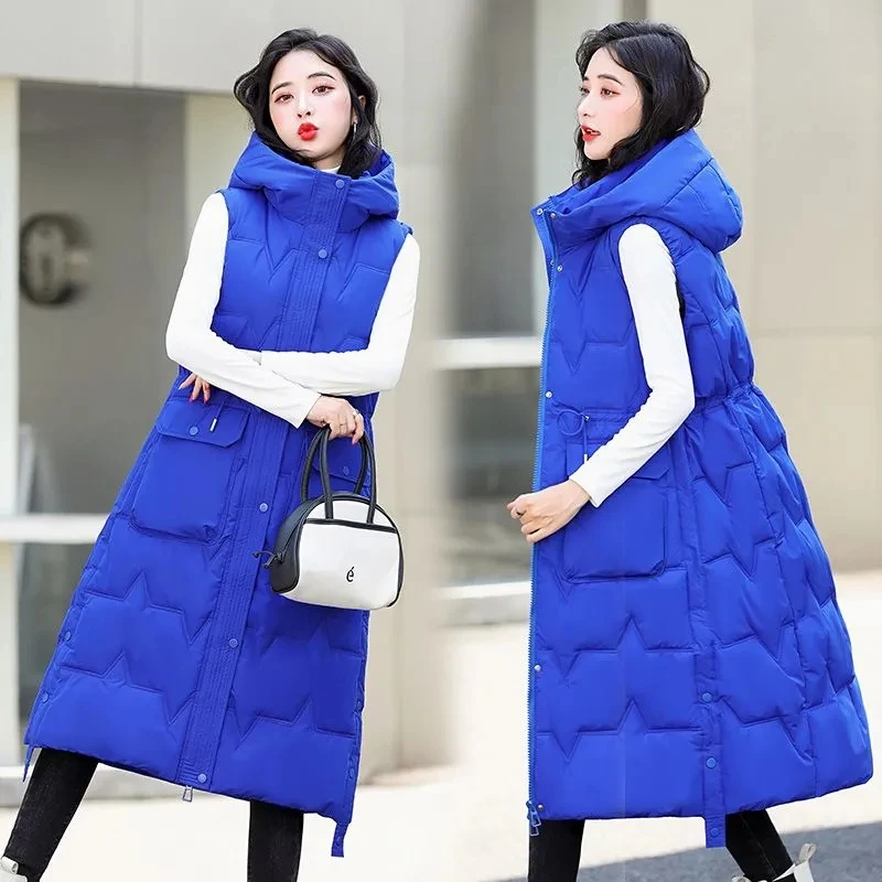 

2025 Winter new Long vest Coat Women's Korean version Knee High Hooded Thicken Down cotton Vest Female slim Casual Waistcoat