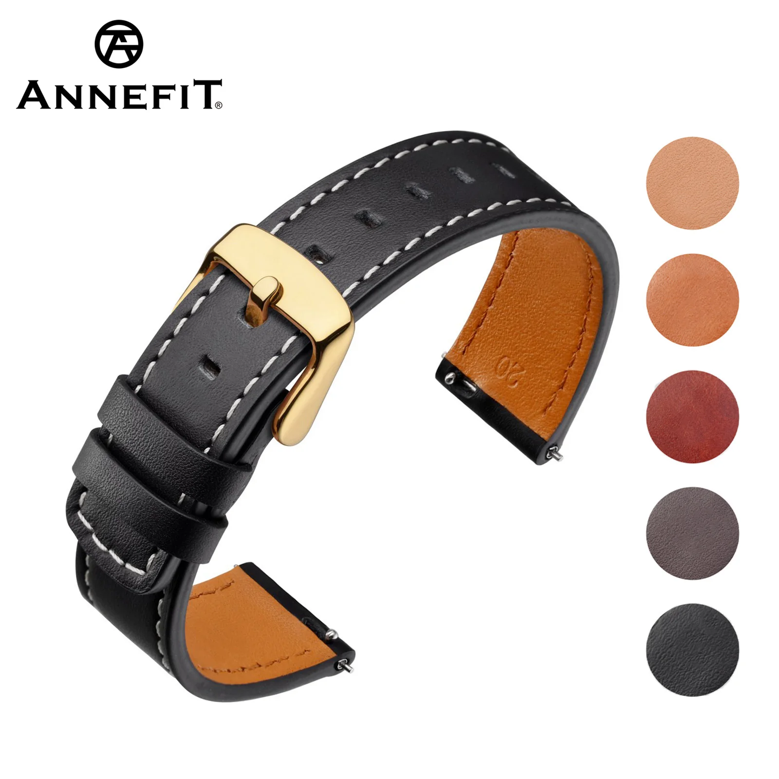 

ANNEFIT Genuine Leather Watch Band 18mm 19mm 20mm 21mm 22mm with Stainless Steel Buckle Quick Release Replacement Watchband