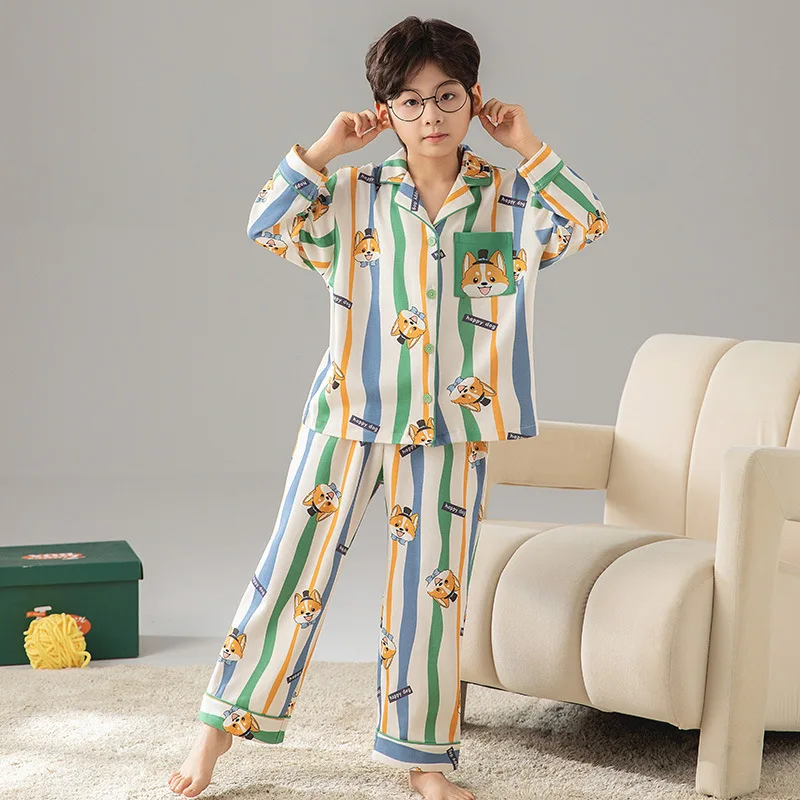 

2026 Pure Cotton Sleepwear Sanrio Spring Autumn Long Sleeved Pants Set Lapel Cardigan Boys' and Children's Home Clothing Set
