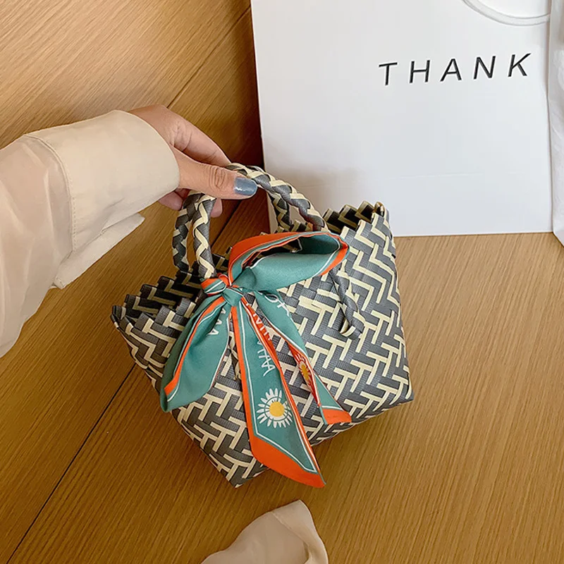 Handmade Mini Handbag Plastic Woven Contrast Tote Bag Silk Scarf Decorated Bohemia Summer Beach Bags Female Shopping Basket