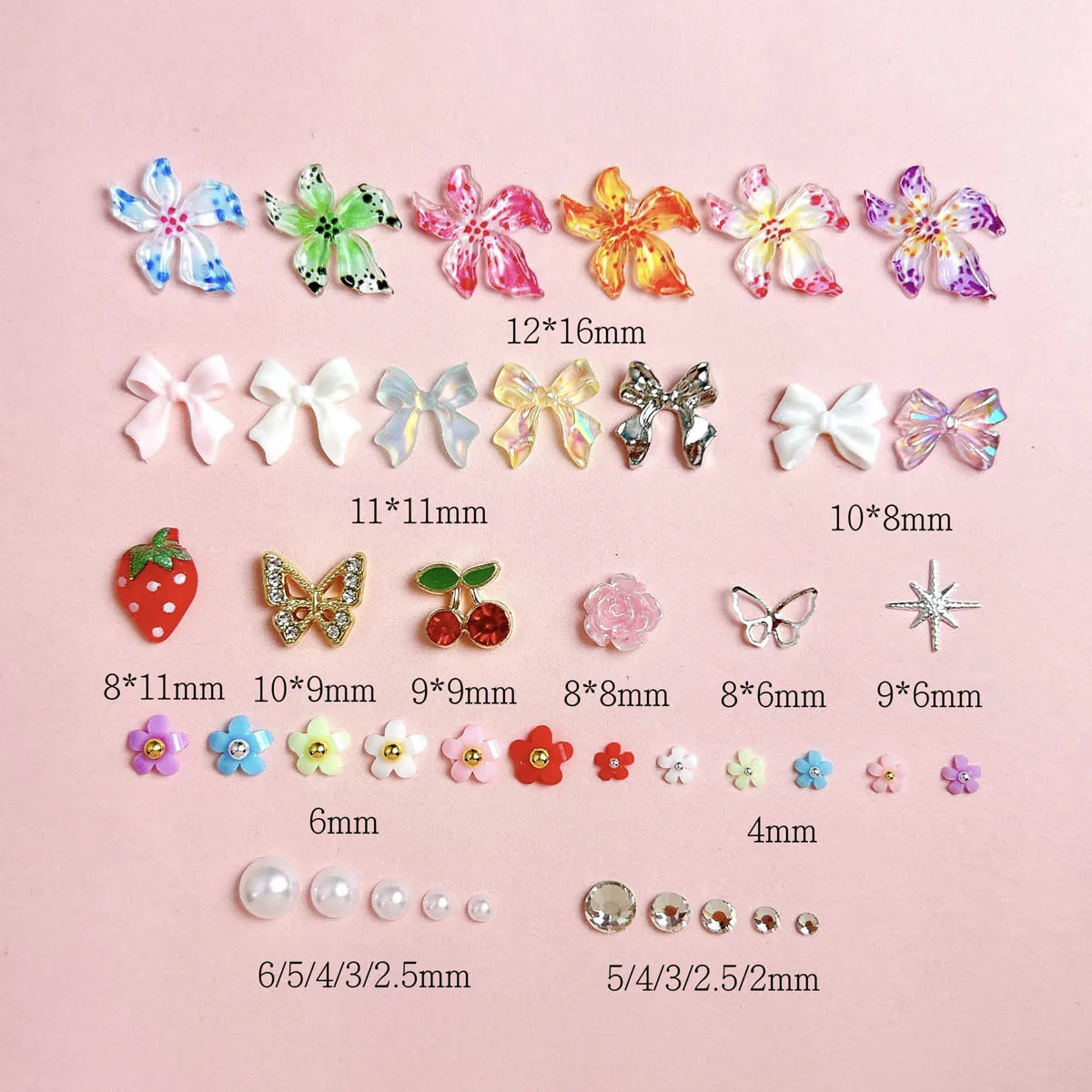 1 caixa transparente arco lua resina encantos do prego liga mini borboleta strass colorido flor havaiana decorações da arte do prego diy