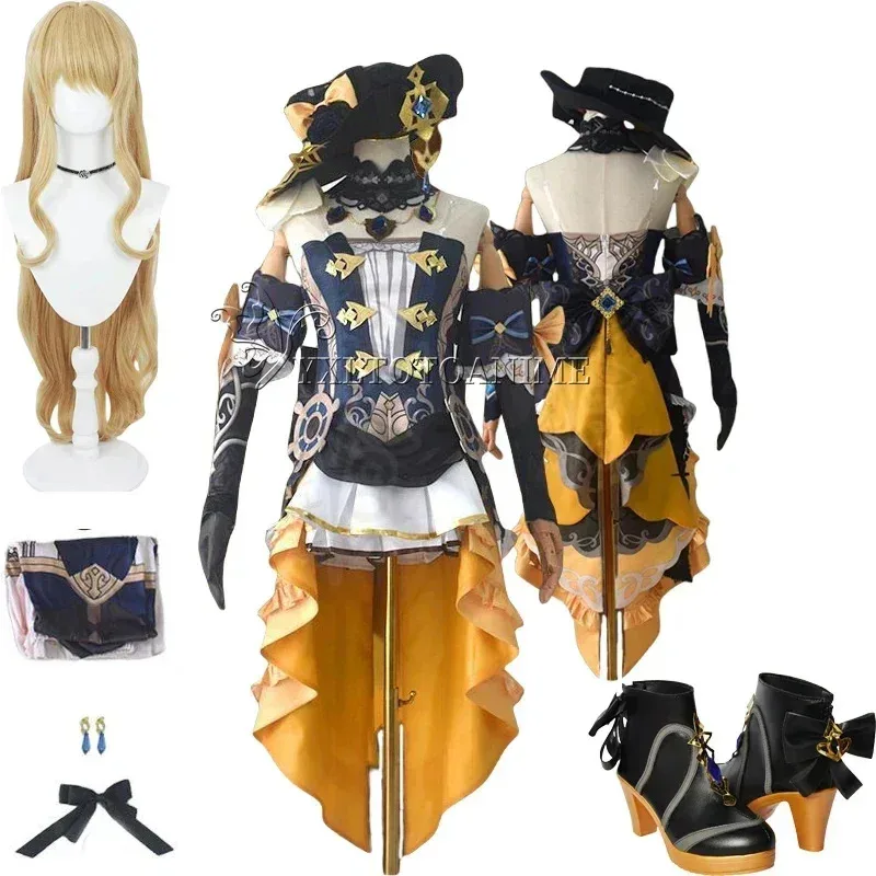 

Game Genshin Impact Navia Cosplay Costume Wig Dress Uniform Fontaine Spina Di Rosula Hat Earrings Gloves Necklace Party