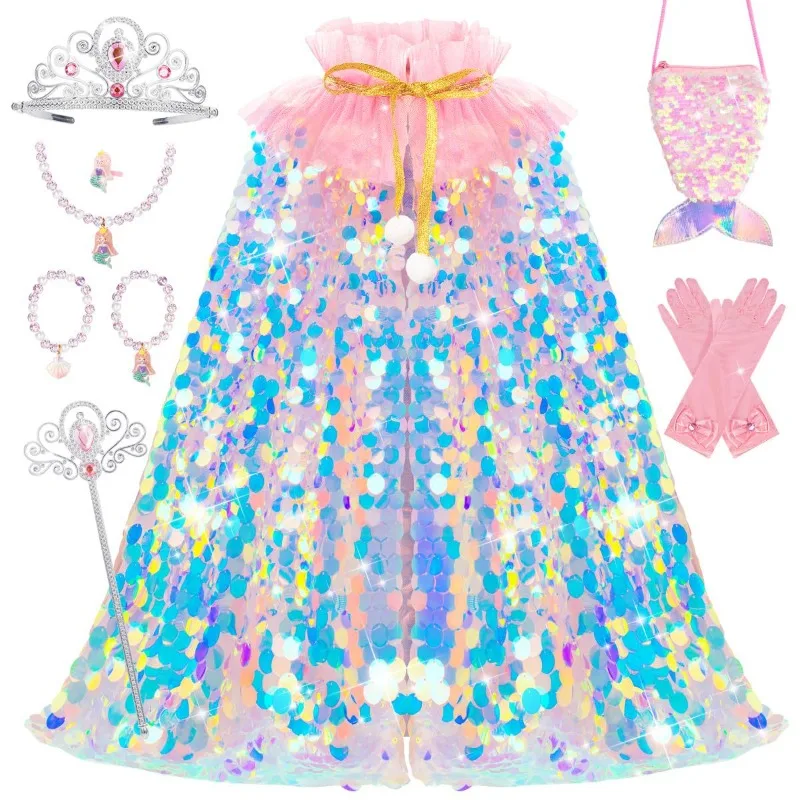 Little Girls Sequins Printed Hooded Cloak,Kids Princess Dress Tulle Cape,Clothes for Children's Halloween and Party Performances