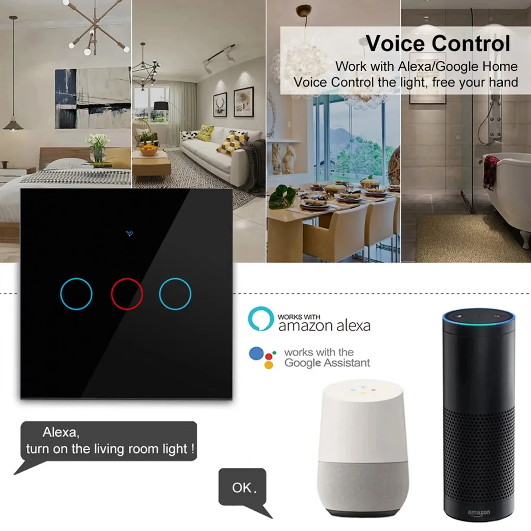 Tuya WiFi สมาร์ทสวิทช์ EU Light Wall Touch Switch ทํางานร่วมกับ Alexa Google Home ไม่มี Neutral Wire 433RF Remote Sensor 1/2 /3 Gang