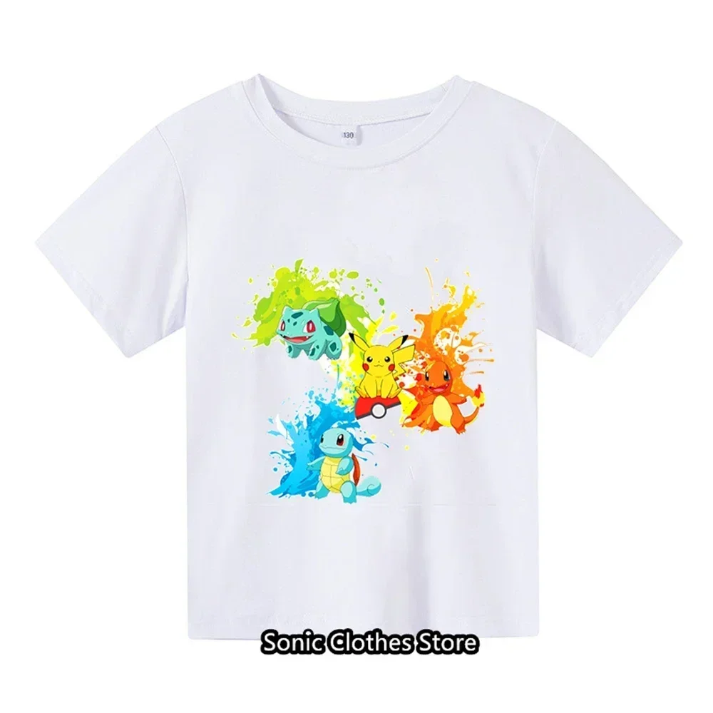 2024 Summer New 3-14 Year Old Children's Pokemon Fashion Clothing Boys Short Sleeved Pikachu T-shirts Girls Casual T-shir