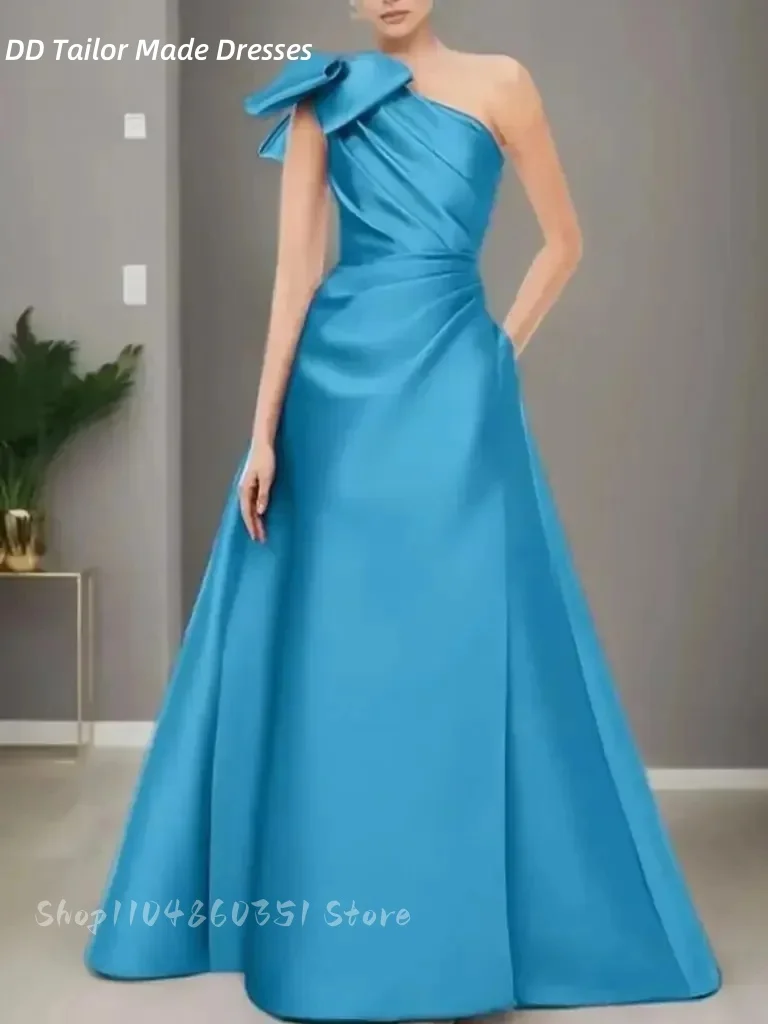 

Elegant One Shoulder Long Mother Of The Bride Dresses With Pockets Bow Simple Blue Satin Wedding Guests Party Gowns Customized