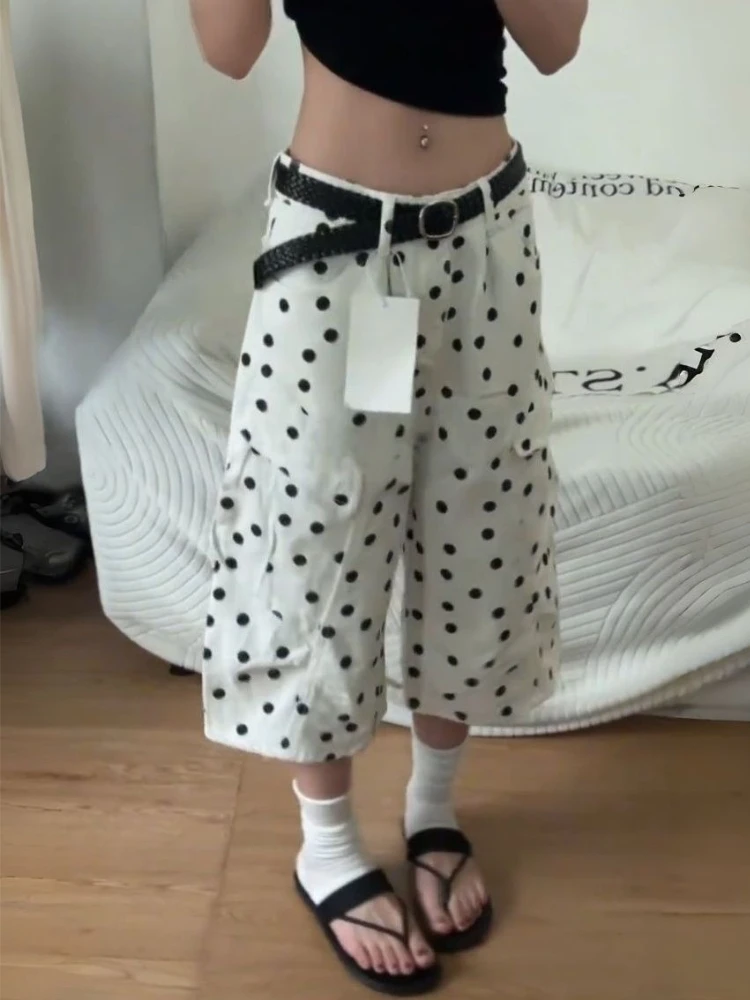American Vintage Washed Polka Dot Cropped Jeans Women Casual Wide Leg Straight Capri Denim Pants Cargo Pocket Streetwear
