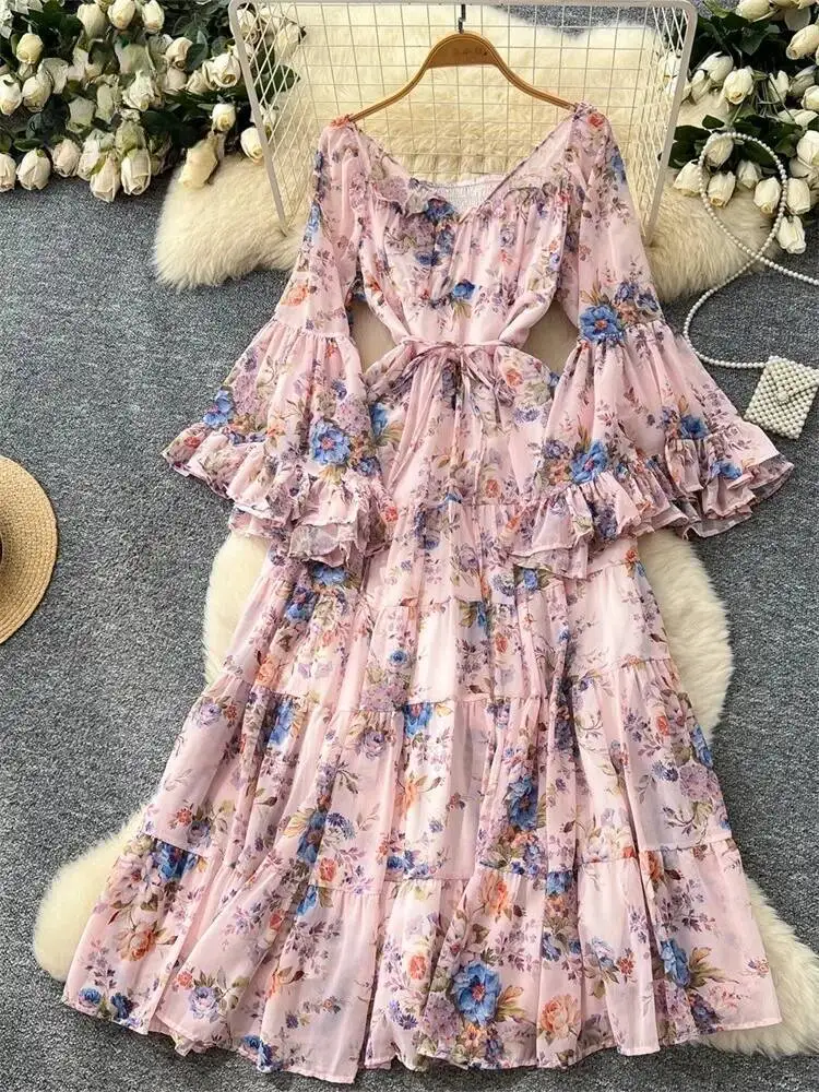 Vestido de praia francês feminino sexy fora do ombro manga alargada floral chiffon vestidos longos outono folha de lótus babados longo robe