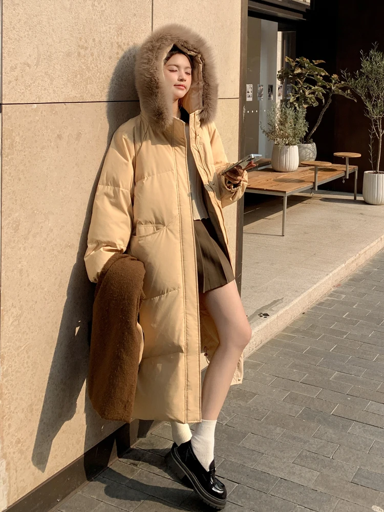 Damska kurtka puchowa do połowy łydki z dużym futrzanym kołnierzem, nowa kolekcja zima 2024, koreański styl, elegancka, wiatroodporna, ciepła, ocieplana.