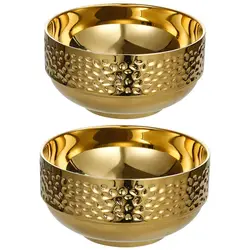 Household 304 Stainless Steel Rice Bowl,Golden Korean Style Soup Salad Bowl,Double-layer Hammer Patterned Bowl,Kimchi Bowl,15cm