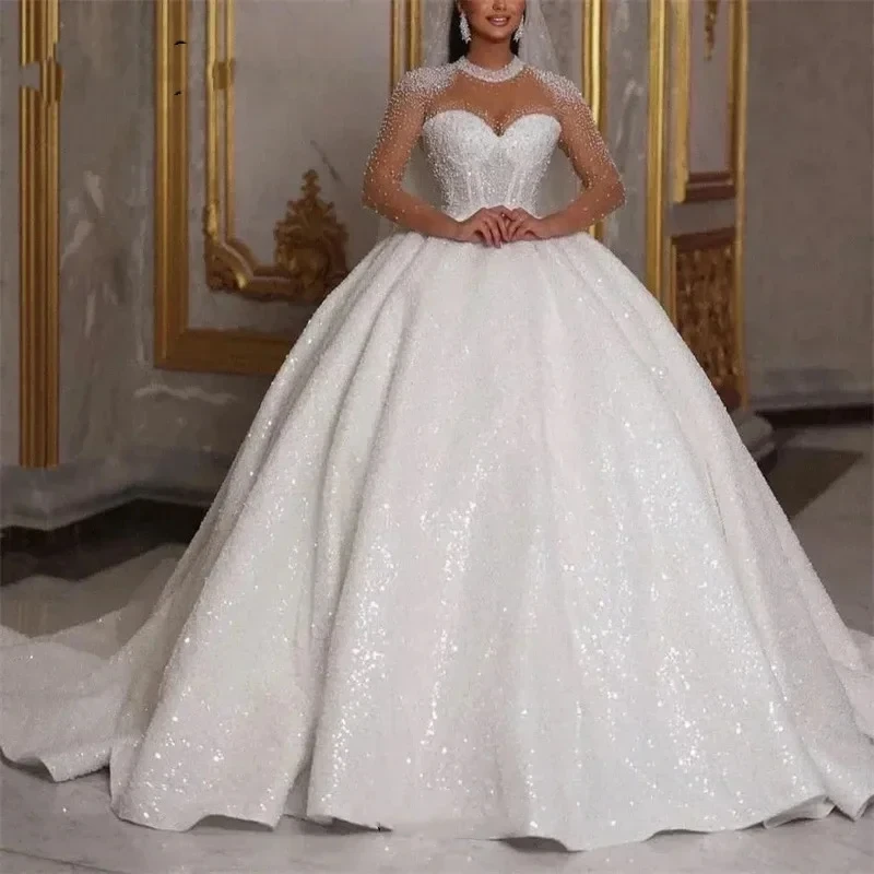 Customized Sparkle African Wedding Dresses Luxury Ball Gown Glitter Beads Sequin Long Sleeves Dubai Bride Gown Vestidos De Noiva