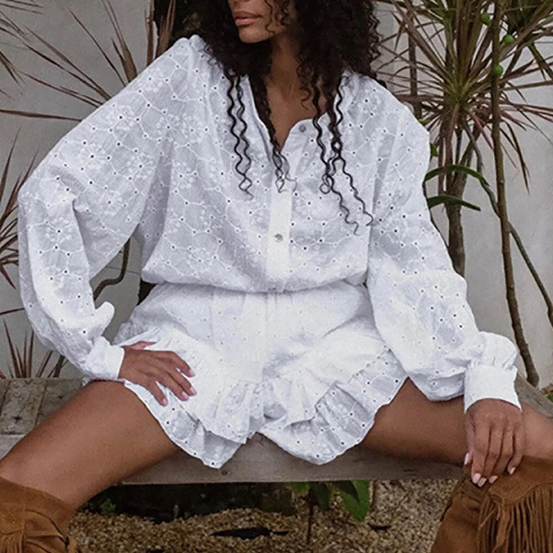 

Women O-neck Shirt and Shorts Suit Simple Solid Color Long Sleeved Loose Beach Outfit Spring Summer Vacation Jacquard Two Piece