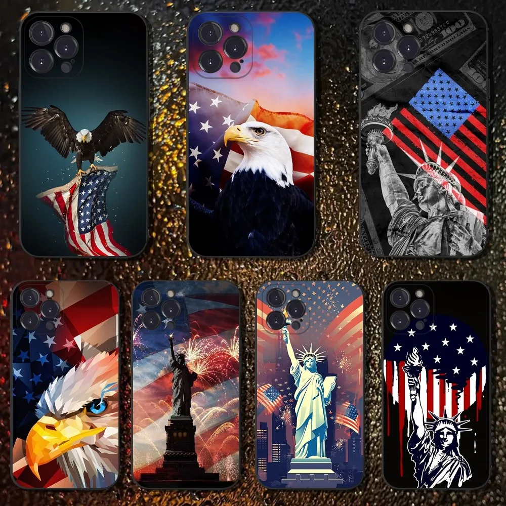 

America USA Flag Phone Case For iPhone 16,15,14,13,12,11 Plus,Pro Max,XS,X,XR,SE,Mini,8,7,Soft Silicone Black Cover