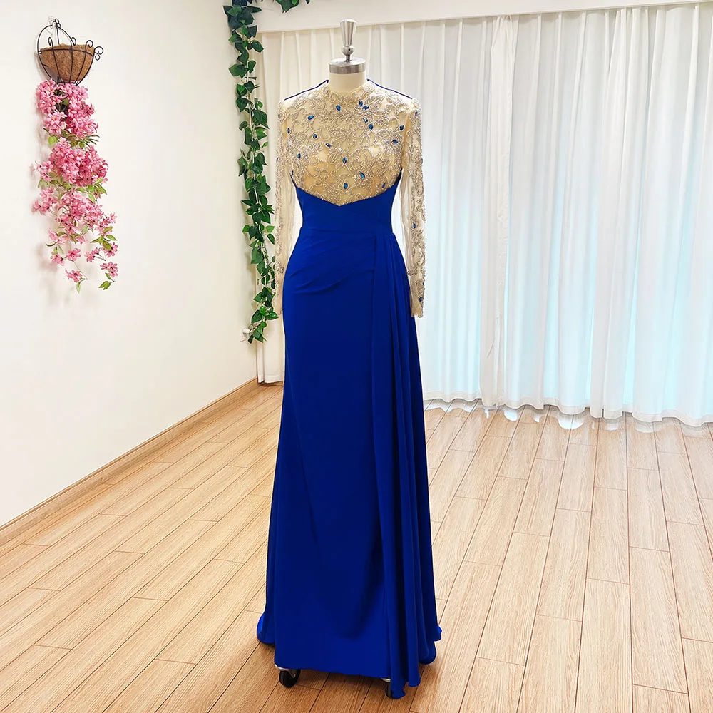 Vestido de noche de sirena musulmana para mujer, elegante vestido de lujo con cuentas árabes, mangas largas, cuello alto, Formal, graduación, boda, fiesta, 2023