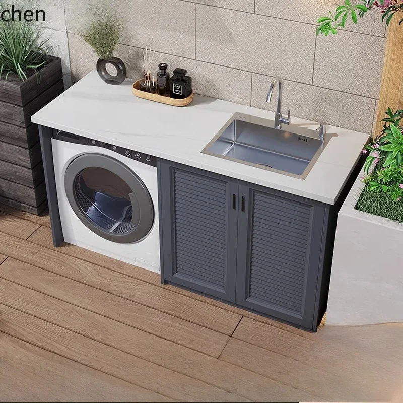 DSABalcony Washing Machine Cabinet Combination Outdoor Patio Waterproof Sunscreen with Washboard Washbasin Cabinet