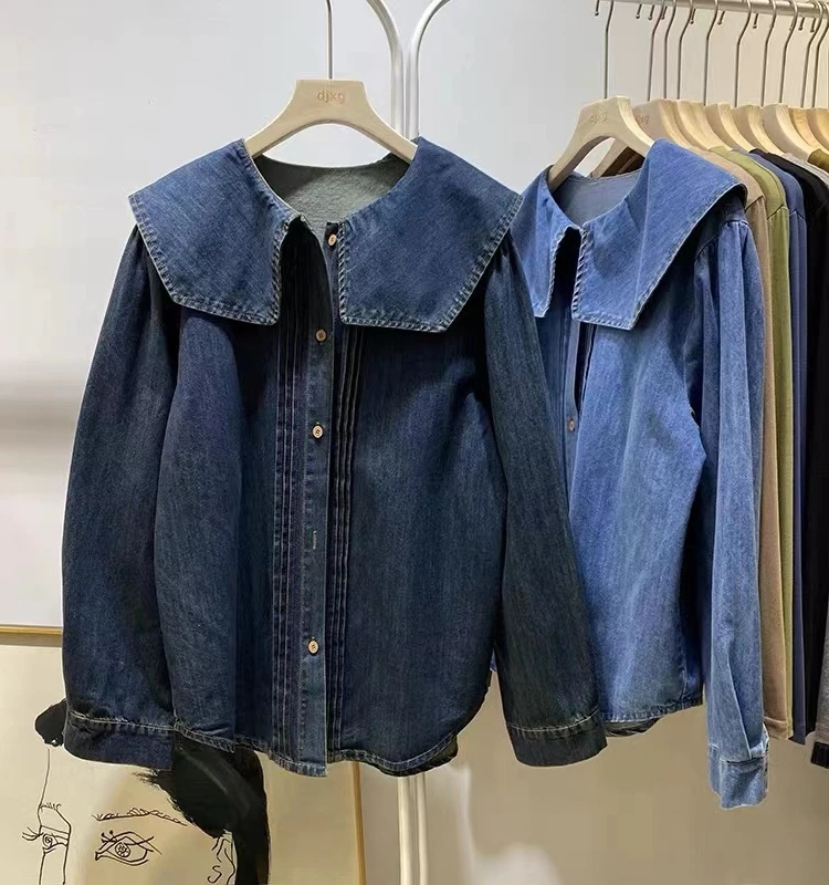 

Autumn Faion Simple Pure Color Denim irt Women's Loose Doll irt Anti-Aging Long Sve Regular Fit Other Material 00%