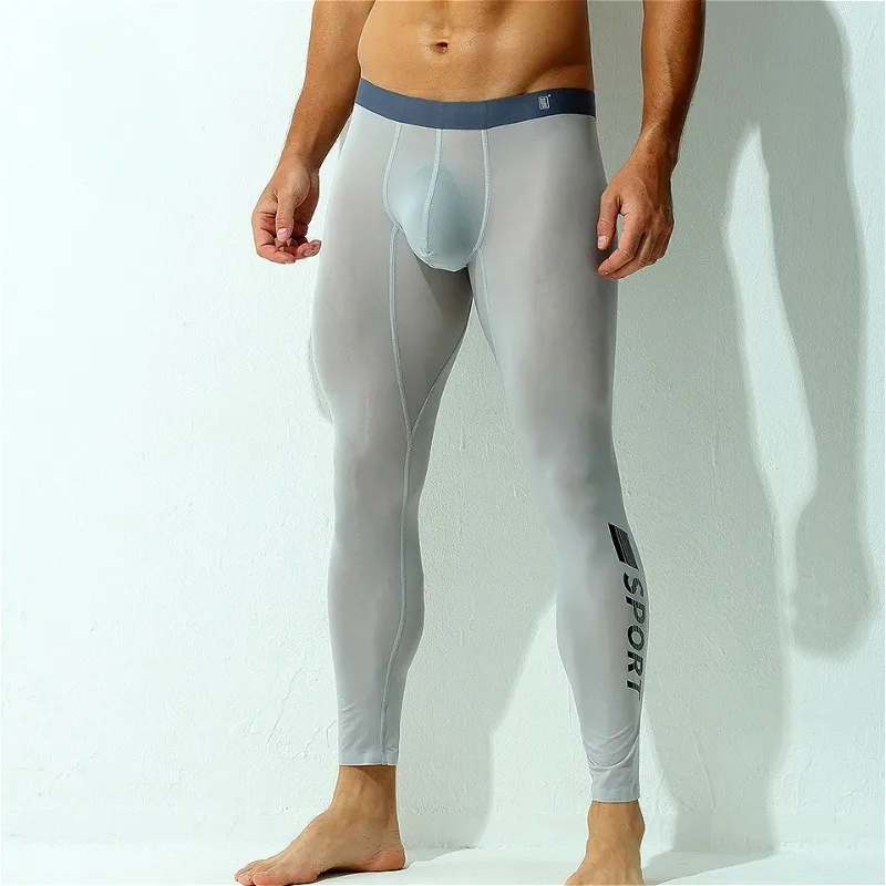 

Ultra Thin Mens Thermal Underwear Bottoms Warm Ice Silk Slim Sports Leggings Pants Seamless Tight Pouch Panties Plus Size Autumn